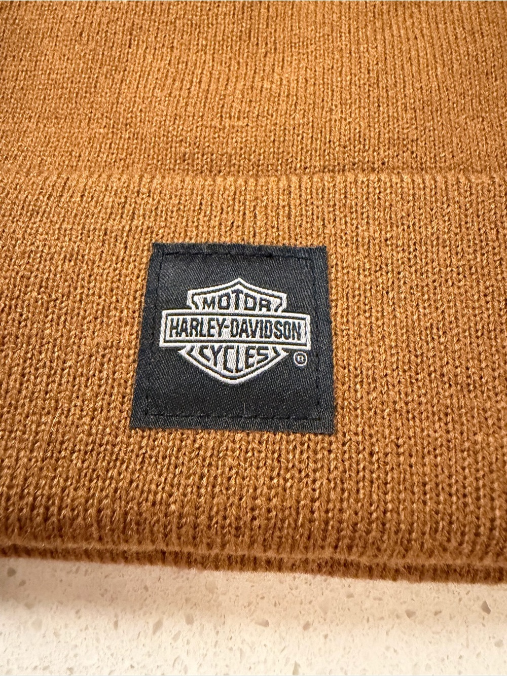 Harley-Davidson Light Brown Knit Cuffed Beanie with Logo Patch. Gently worn.